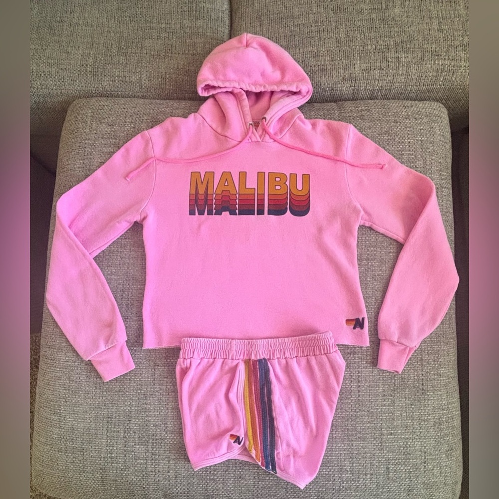 Aviator Nation 🌈 Neon Pink Malibu Hoodie & Rainbow Stripe Shorts Set Size Small